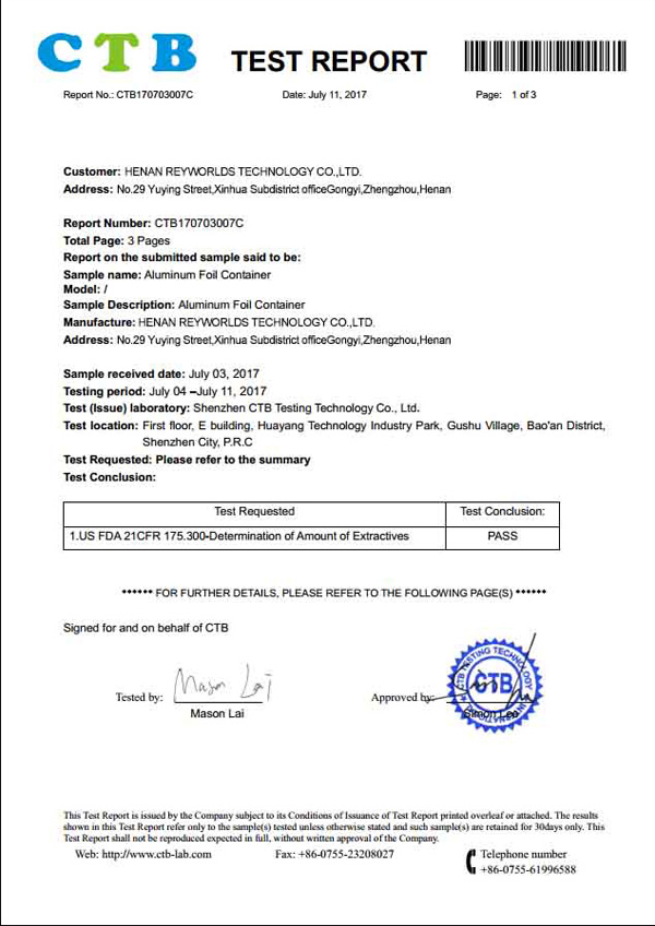 Aluminum foil CTB certificate